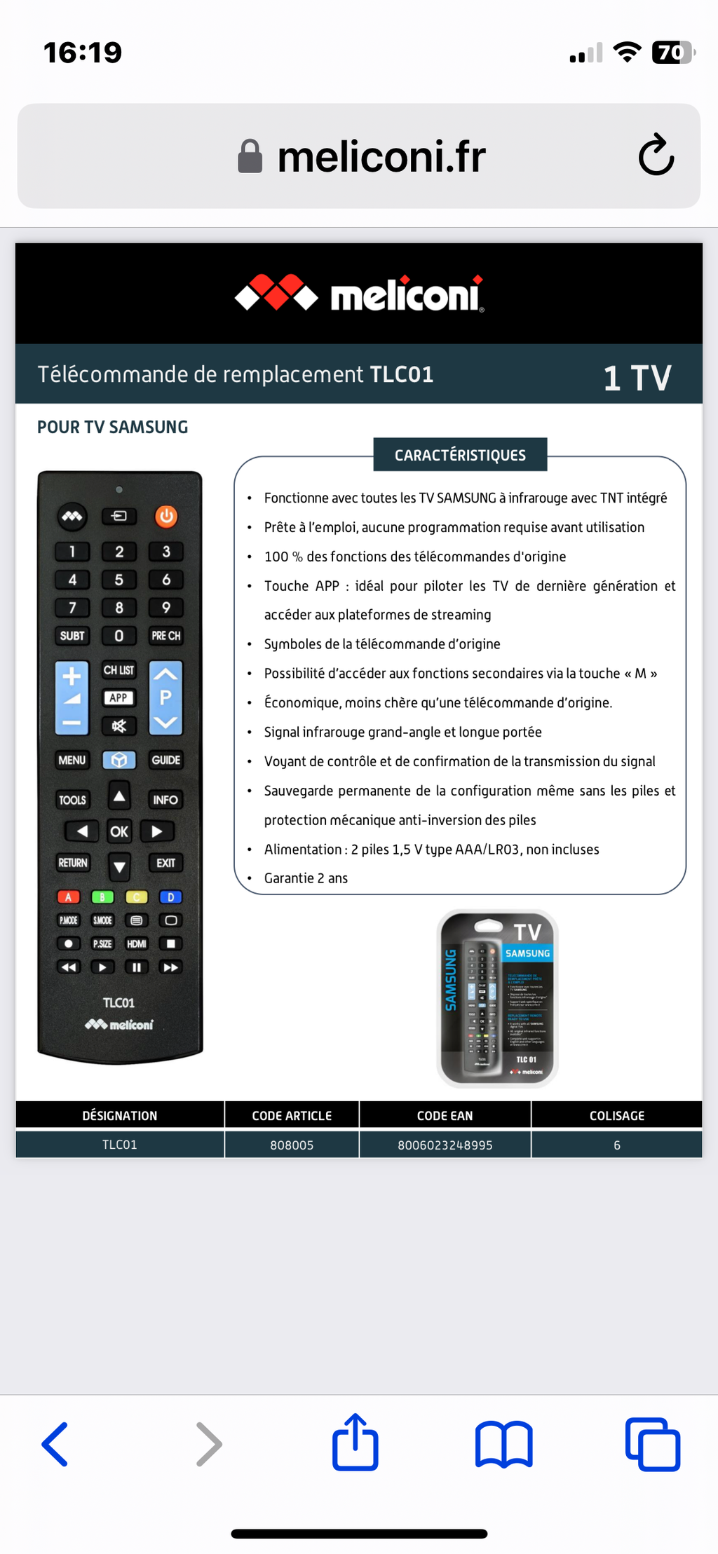 Télécommande téléviseur Samsung -5.000F