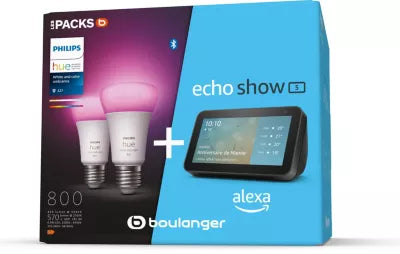 Pack Amazon/Philips Hue (1 Echo show 5 + 2 ampoules 800 lumens white and Color E27) -30.000F