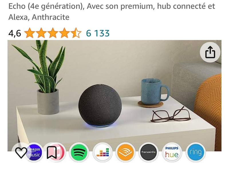 Echo 4 Enceinte Connectée Noir Anthracite avec Alexa -34.900F