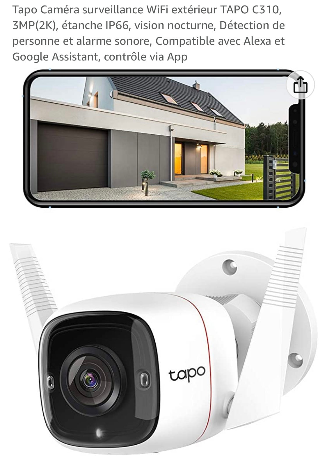 Tapo Caméra Wifi de surveillance extérieure 360 iOS/Androïd -19.900F