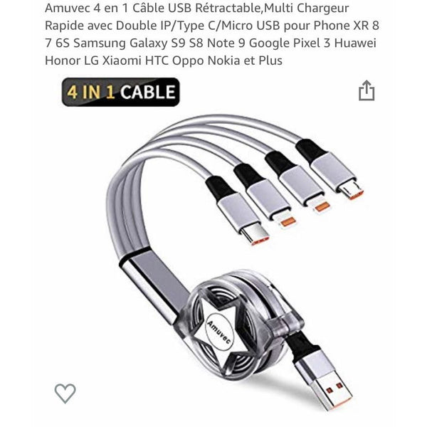 Câble 4 en 1 (2 Lightning/1 MicroUsb/1 Usb C) 1m -33% - GEO Gabon Shop Online 