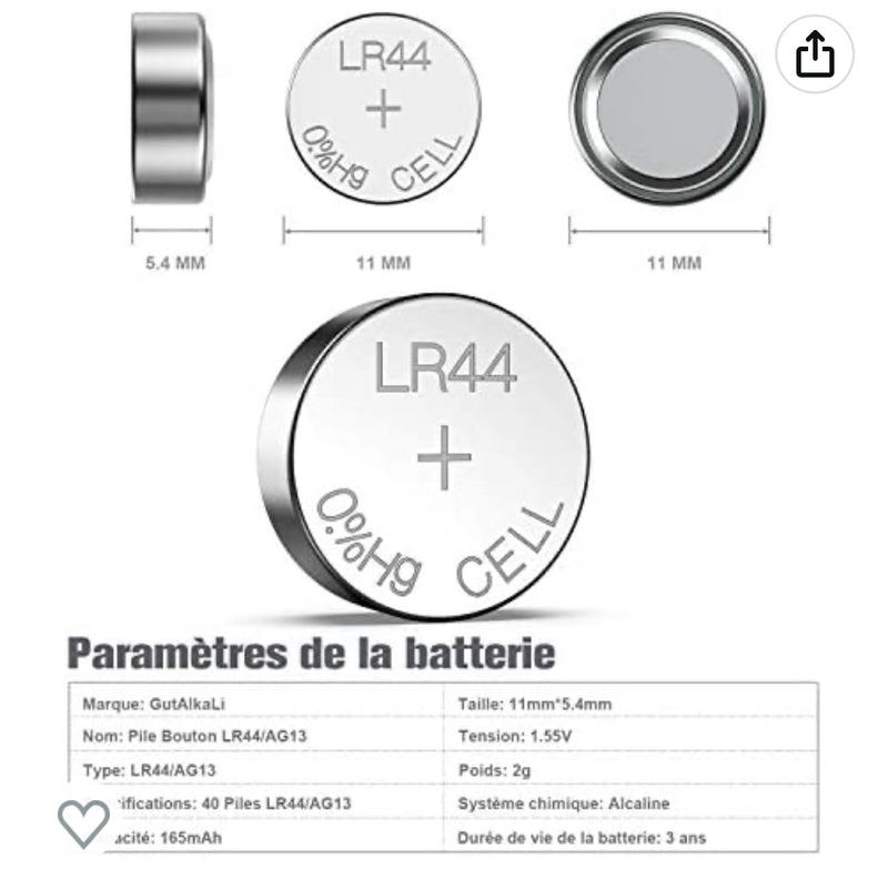 Pile Bouton A76/LR44/AG13/LR1154 1.5V Alcaline (Blister de 10) -2.500F