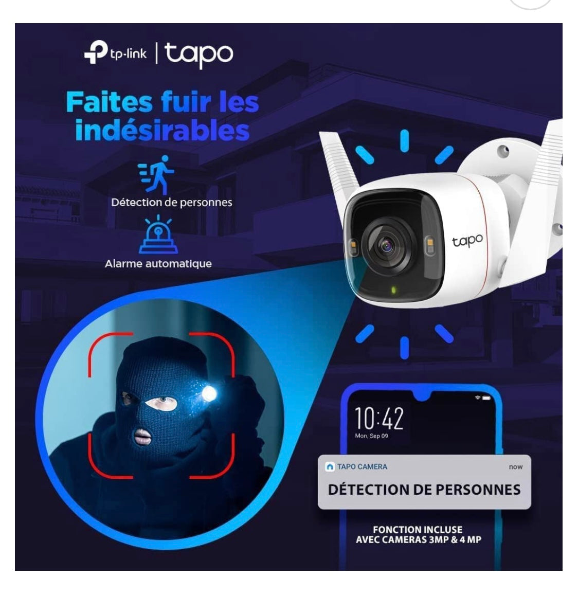 Tapo Caméra Wifi de surveillance extérieure 360 iOS/Androïd -19.900F