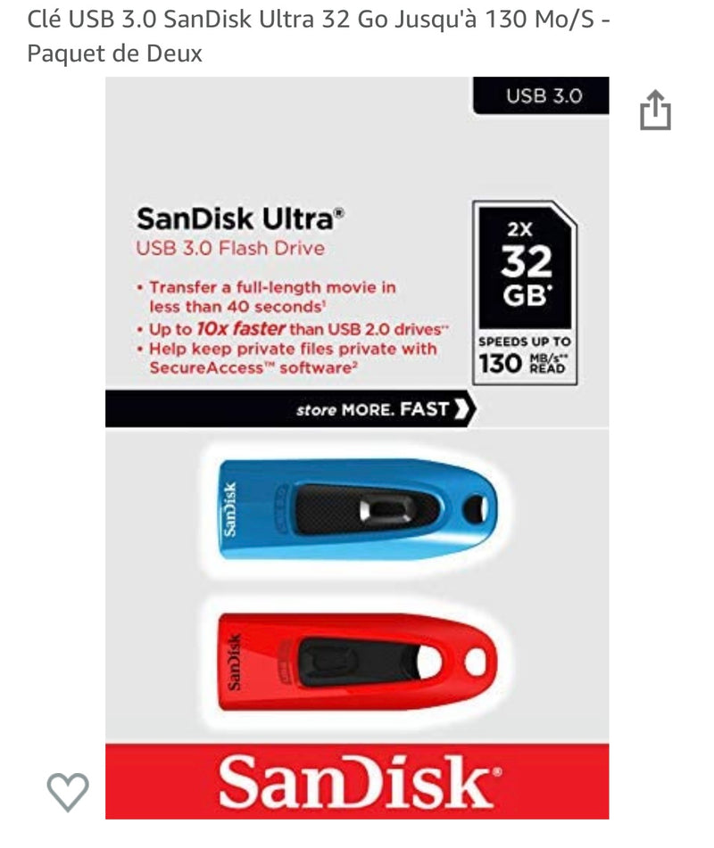 Clé USB  32 Gb 3.0 SanDisk Ultra Pack 2 -20%