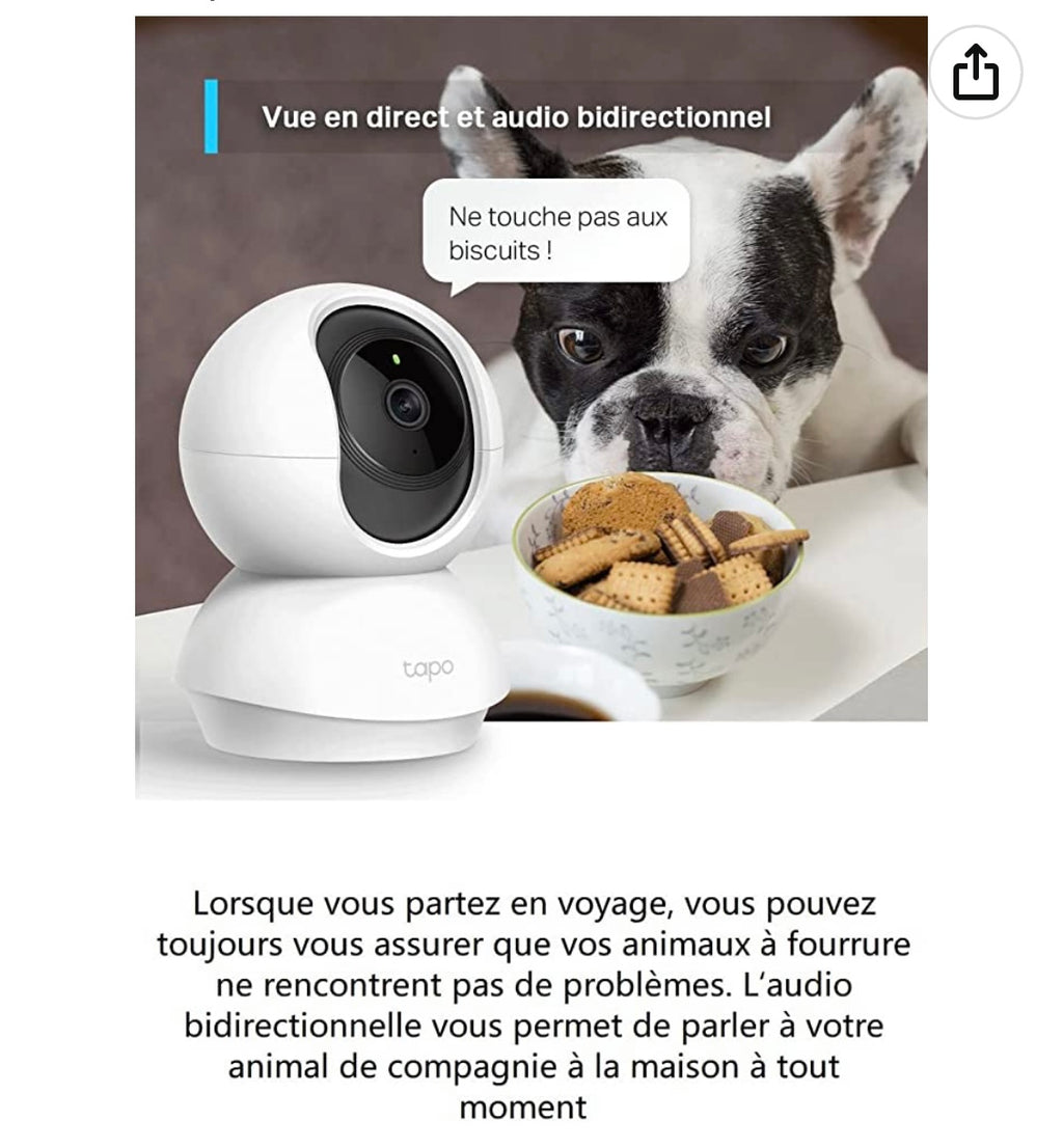 Tapo Caméra WiFi de surveillance intérieure 1080P 360 iOS/Androïd -10.000F