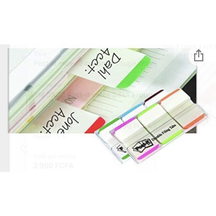 Post-it index 24x43mm violet/bleu/vert (3x20) -20% - GEO Gabon Shop Online 