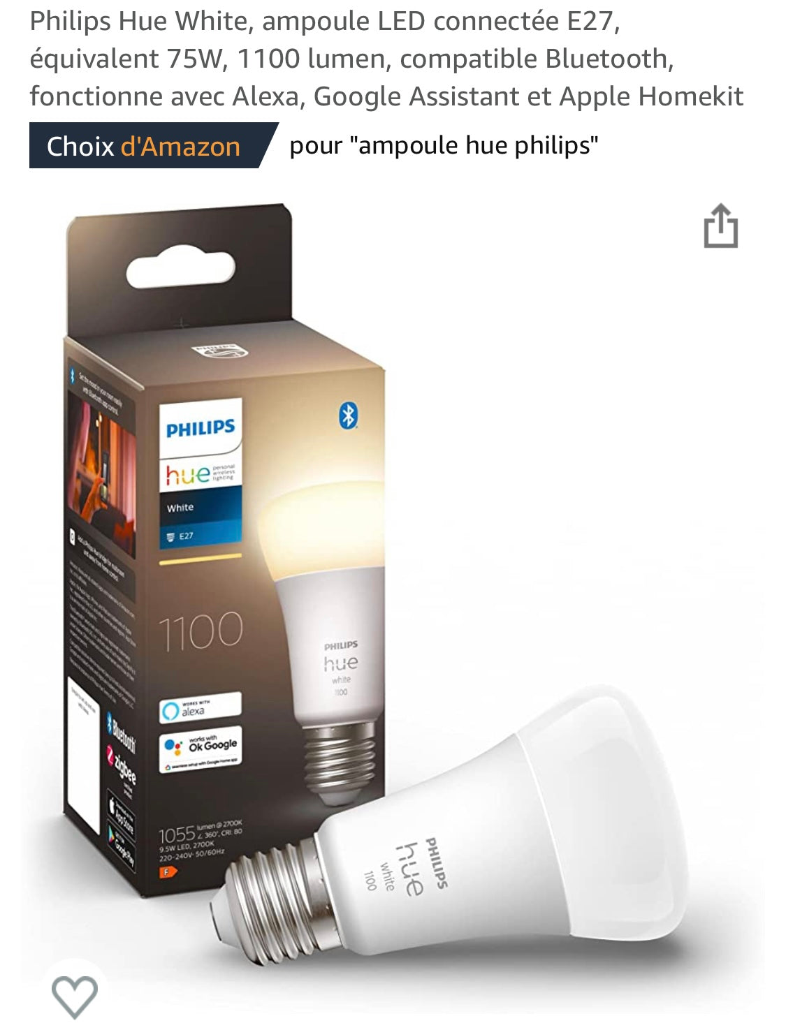 Ampoule connectée Philips Hue 1100 lumens Wifi iOS/Androïd -5.000F